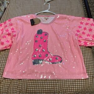 Main Strip Pink Sequin Boot Ladies Small Tee NWT